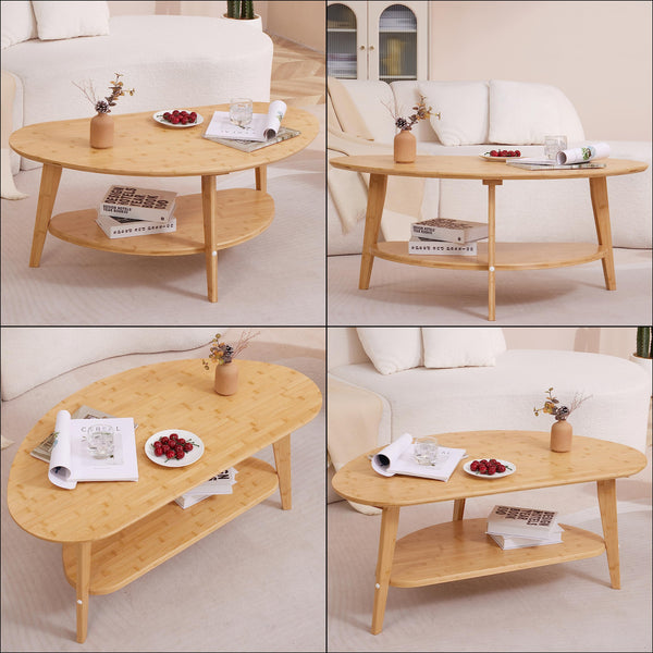 Oval Bamboo Coffee Table with Lower Storage Shelf