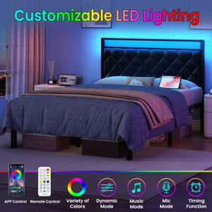 Queen Bed Frame with LED Lights, Charging Station & Upholstered Headboard