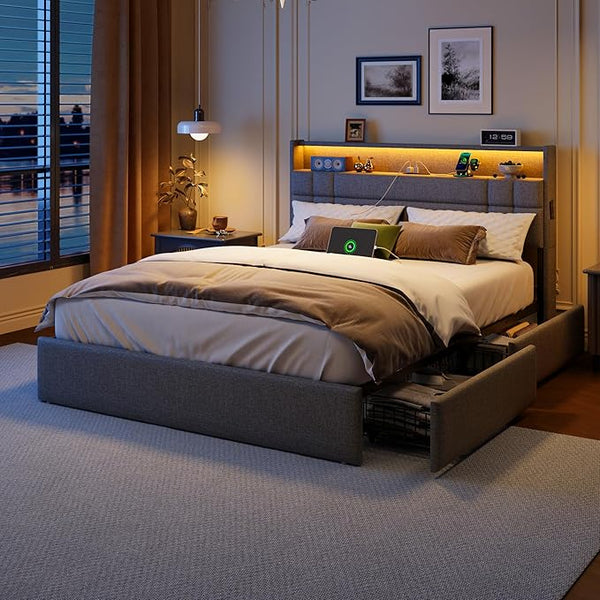 Upholstered Platform Bed Frame with Storage Drawers, LED Lights & Charging Station