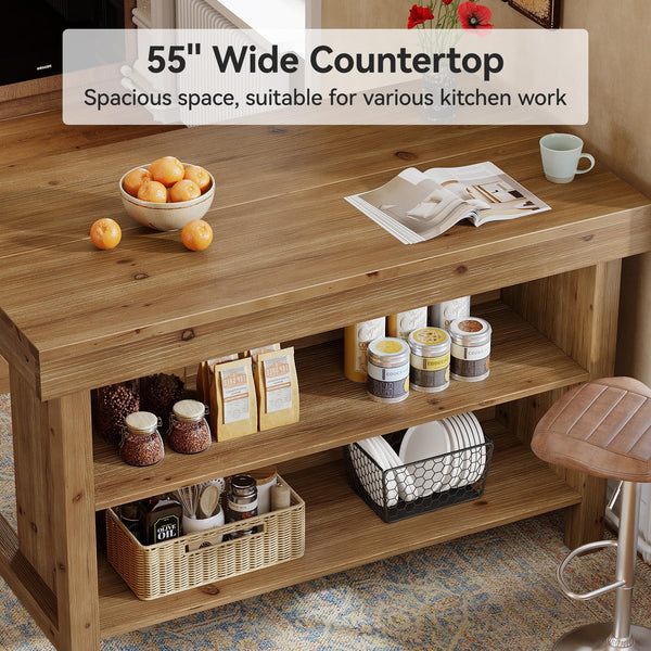 Solid Wood Kitchen Island with 3-Tier Open Shelves, 55 Inch Counter Height