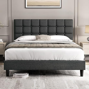 Upholstered Platform Bed Frame with Adjustable Tufted Headboard