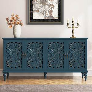 Hollow Carved Wood Accent Cabinet with 4 Doors