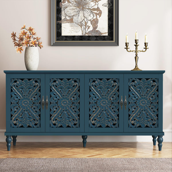 Hollow Carved Wood Accent Cabinet with 4 Doors