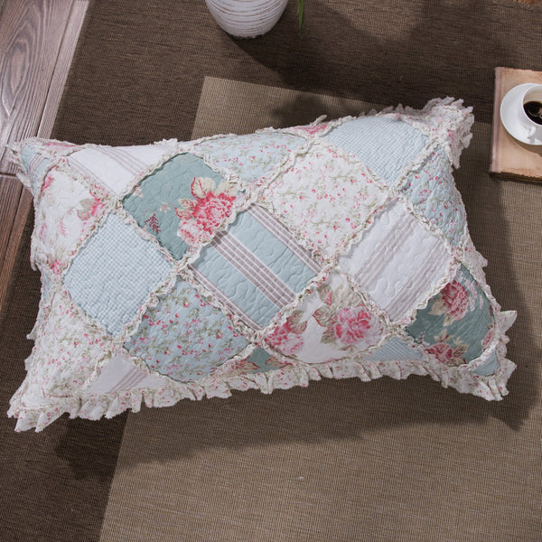 Cottage Patchwork Quilt Set – Mint Blue Pastel Floral