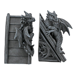 Gothic Dragon Bookend Statues – Set of 2, Gray Stone Resin, 8 Inch