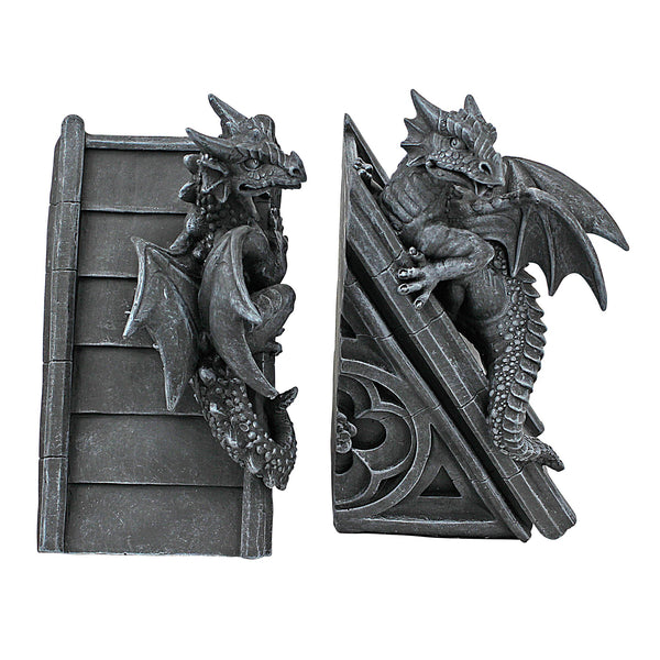 Gothic Dragon Bookend Statues – Set of 2, Gray Stone Resin, 8 Inch