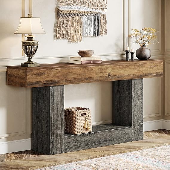 63-Inch Farmhouse Console Table with U-Shaped Base & Lower Shelf