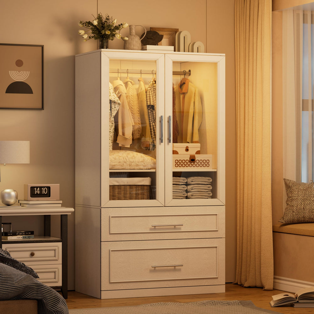 Armoire Wardrobe Closet with Glass Doors, Drawers & LED Light
