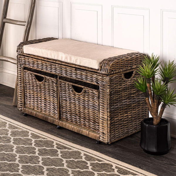 Wicker Storage Bench with Baskets – Grey