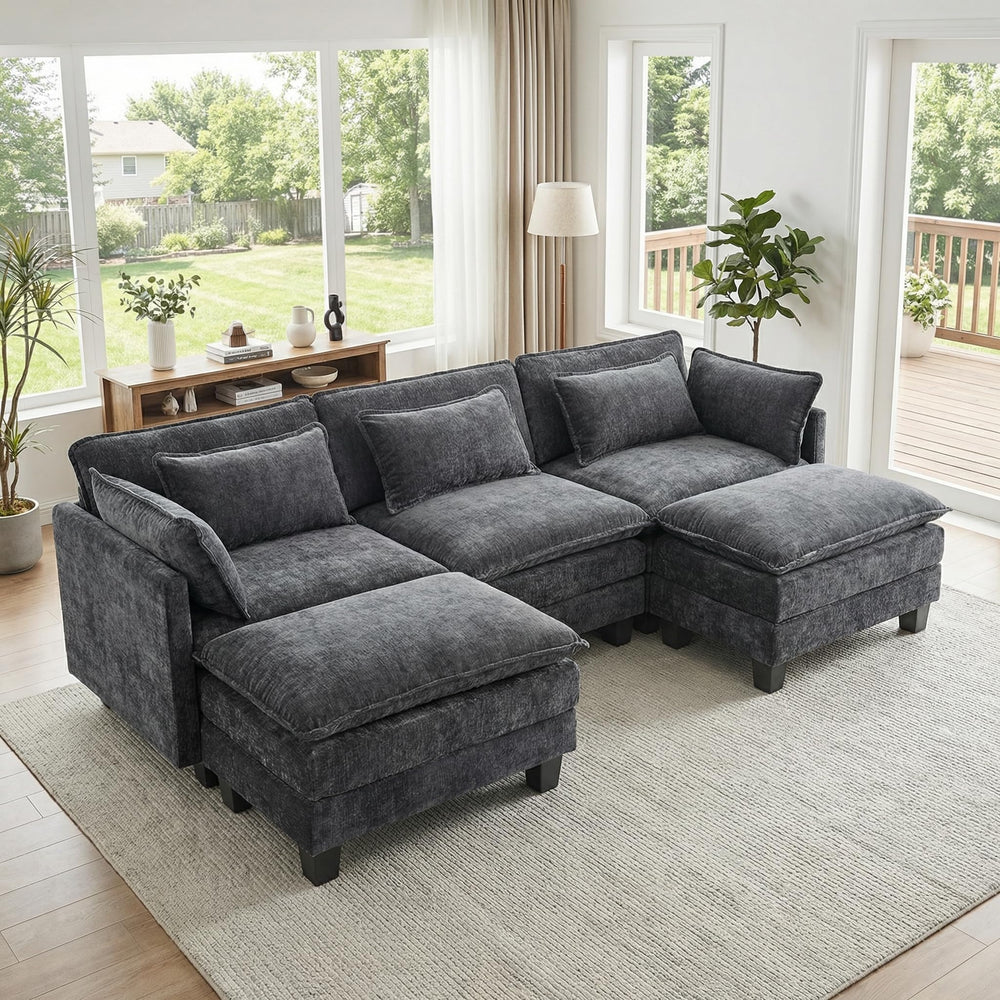 U-Shaped Modular Sectional Sofa with Ottomans & Throw Pillows