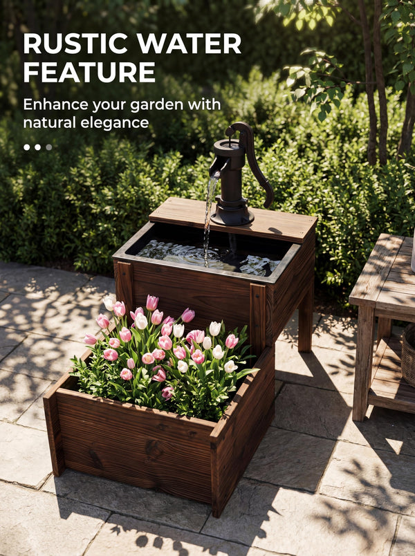 Outdoor Solar Wood Hand Pump Water Fountain with Flower Box