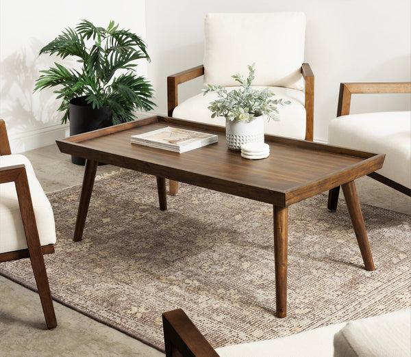 Mid-Century Wood Coffee Table with Tapered Legs & Adjustable Feet