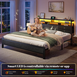 King Size Bed Frame with LED Lights, Storage Headboard & Charging Ports
