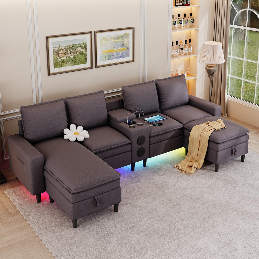 L-Shaped Sectional Sofa with Bluetooth Speaker, LED Lights & Charging Station