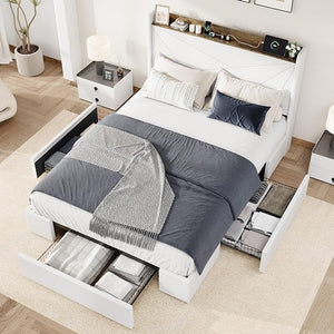 Velvet Platform Bed with Storage Drawers & USB Ports