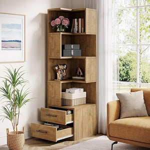 5-Tier Corner Bookshelf with 2 Drawers, 66.9" Tall