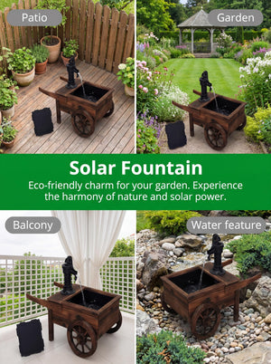 Solar-Powered Wood Outdoor Fountain with Hand Pump Cart Design