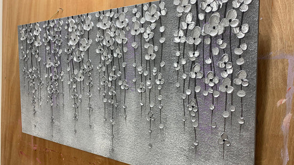 Abstract Oil Painting on Canvas – Silver Flower Wall Art