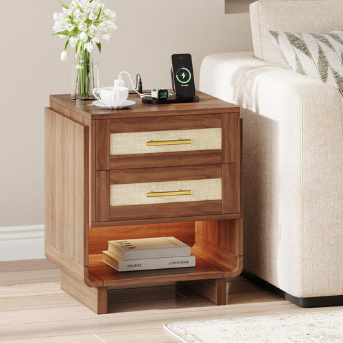 Farmhouse Nightstand with Charging Station & LED Light