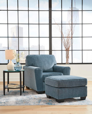 Blue Crosshatched Accent Ottoman with Wood Legs