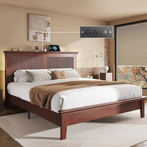 Solid Wood Bed Frame with Tall Headboard, Charging Station & RGB LED