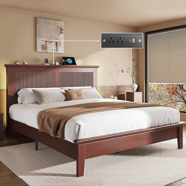 Solid Wood Bed Frame with Tall Headboard, Charging Station & RGB LED