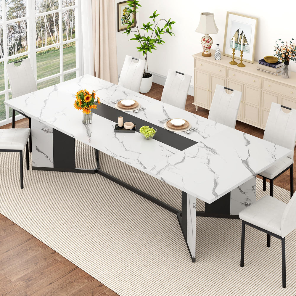 7-Piece Dining Table Set with 6 Leather Chairs – Farmhouse Rectangular Kitchen Table