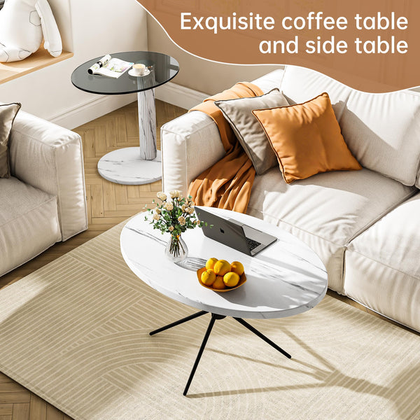 Oval Coffee Table Set of 2 - Faux Marble & Tempered Glass Top