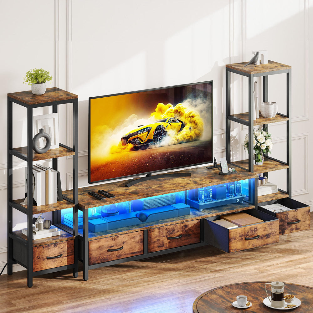 TV Stand with Bookshelves, LED Lights & Power Outlets – Fits up to 65" TV