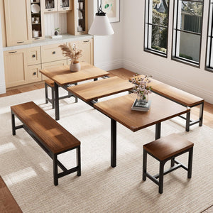 Extendable Dining Table Set with 6 Stools, Metal Frame & MDF, 63"