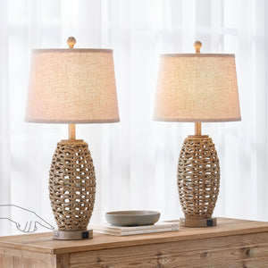 Natural Rattan Table Lamps Set of 2 – Dimmable Touch Control, USB Charging, Oatmeal Shade