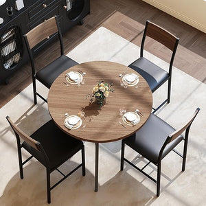 47" Round Dining Table Set for 6 with Chairs, Walnut Wood Grain