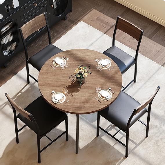 47" Round Dining Table Set for 6 with Chairs, Walnut Wood Grain