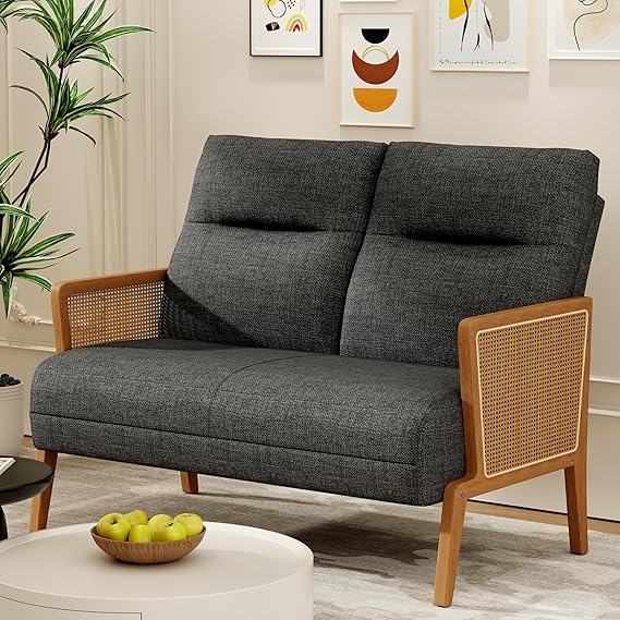 Rattan Arm Loveseat Settee – Upholstered 2-Seat Sofa