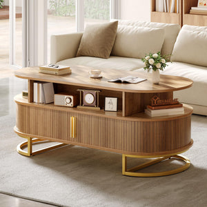 Oval Fluted Coffee Table with Sliding Door Storage & Gold Handles