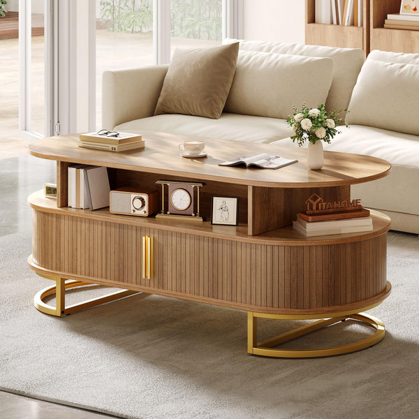 Oval Fluted Coffee Table with Sliding Door Storage & Gold Handles