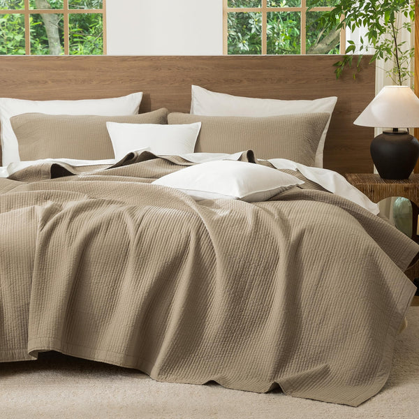 Washed Cotton Stripe Stitch Quilt Set with Pillow Shams