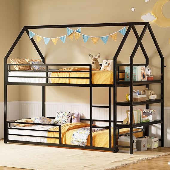 Twin Over Twin House Bunk Bed with Storage Shelf