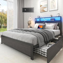 Metal Platform Bed Frame with Storage Headboard, Drawers & LED