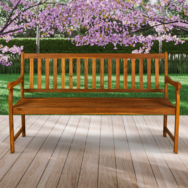 Acacia Wood Outdoor Garden Bench – 3-Seat Slat-Back, 600 lbs Support