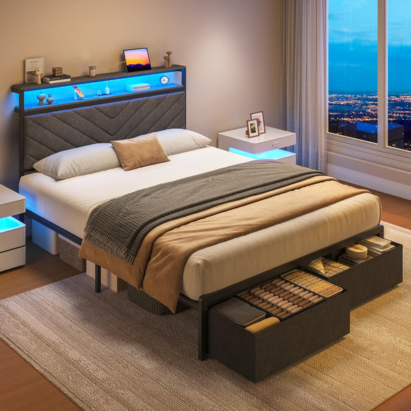 Upholstered Bed Frame with Storage Drawers, LED Lights & Charging Station