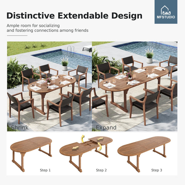 9-Piece Outdoor Patio Dining Set – Expandable Acacia Wood Table & Rattan Chairs
