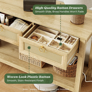 Rattan Console Table with Charging Station & 3 Drawers
