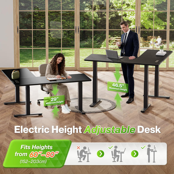 L-Shaped Electric Standing Desk with Power Outlets – 63 x 55 Inch Height Adjustable Corner Desk