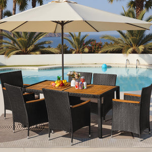 7-Piece Outdoor Patio Dining Set with Rattan Chairs & Acacia Wood Table