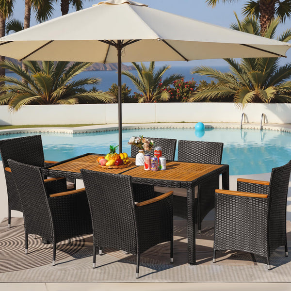 7-Piece Outdoor Patio Dining Set with Rattan Chairs & Acacia Wood Table