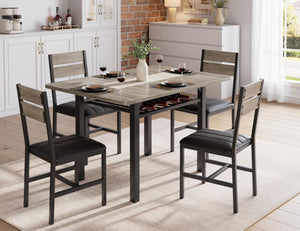 5-Piece Extendable Dining Table Set with PU Leather Chairs & Storage Rack