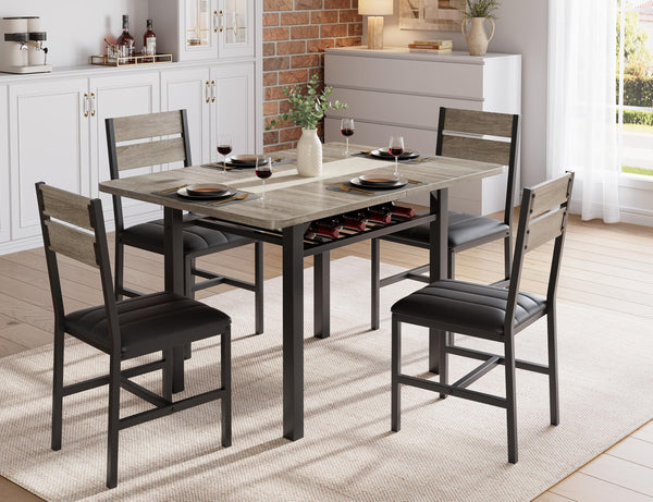 5-Piece Extendable Dining Table Set with PU Leather Chairs & Storage Rack