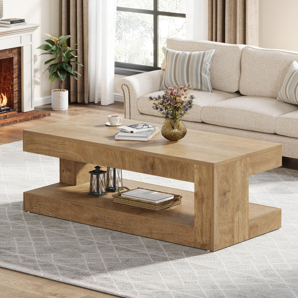 2-Tier Farmhouse Coffee Table, 47" Rectangular Living Room Center Table
