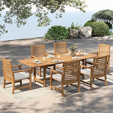 Outdoor Teak Wood Patio Dining Set with Rattan Chairs